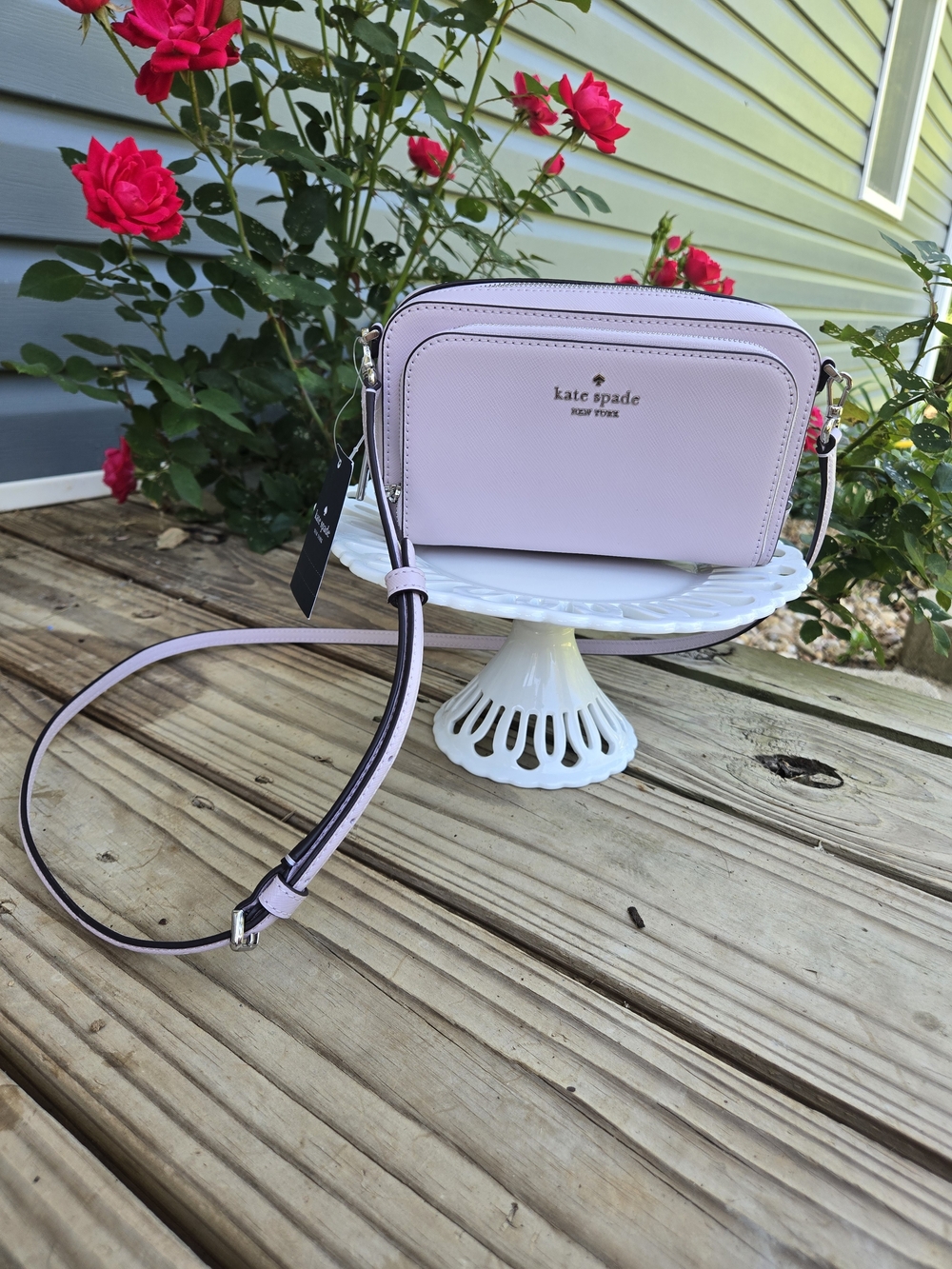 kate spade lilac crossbody bag with silver logo. New With Tags.